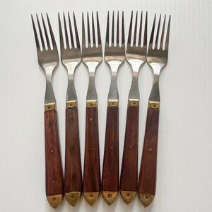 Vintage France Stainless Dinner Forks with Wood Brass Handle Set of 6 MCM